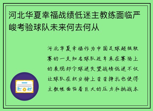 河北华夏幸福战绩低迷主教练面临严峻考验球队未来何去何从