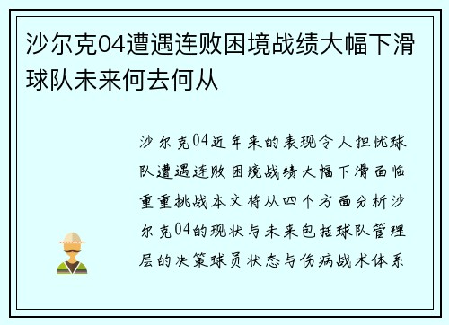 沙尔克04遭遇连败困境战绩大幅下滑球队未来何去何从