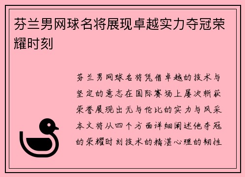 芬兰男网球名将展现卓越实力夺冠荣耀时刻