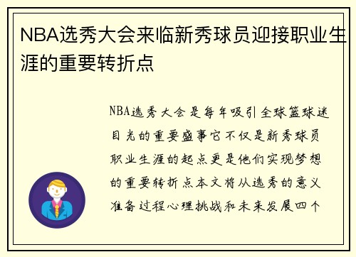NBA选秀大会来临新秀球员迎接职业生涯的重要转折点