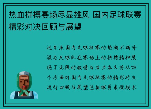 热血拼搏赛场尽显雄风 国内足球联赛精彩对决回顾与展望