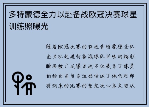 多特蒙德全力以赴备战欧冠决赛球星训练照曝光