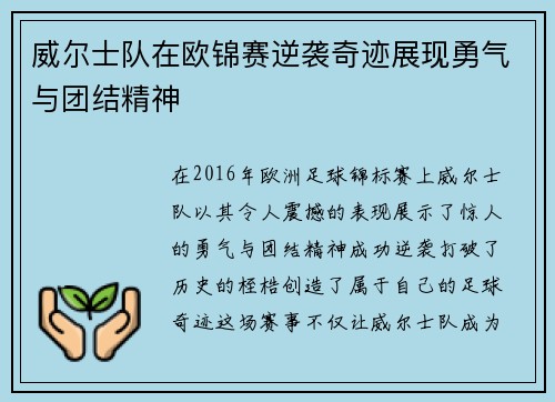 威尔士队在欧锦赛逆袭奇迹展现勇气与团结精神