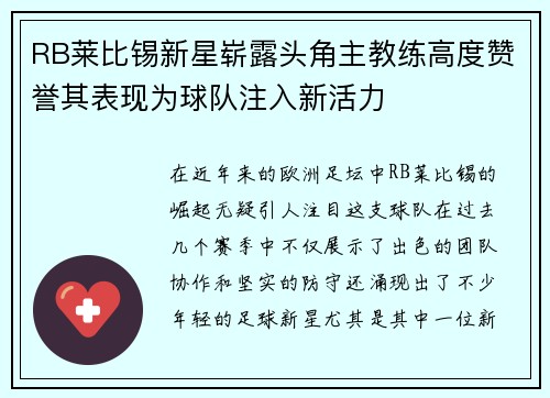 RB莱比锡新星崭露头角主教练高度赞誉其表现为球队注入新活力