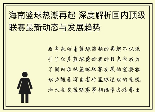海南篮球热潮再起 深度解析国内顶级联赛最新动态与发展趋势