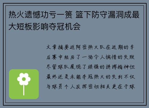 热火遗憾功亏一篑 篮下防守漏洞成最大短板影响夺冠机会