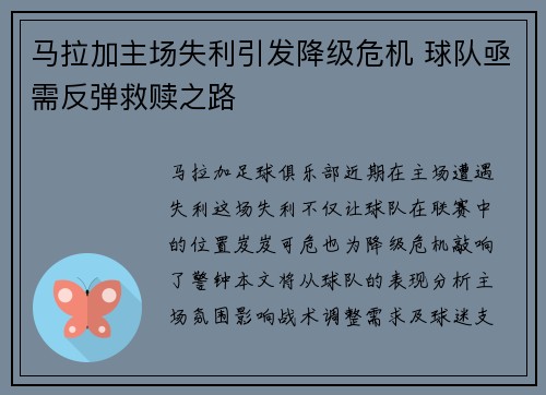 马拉加主场失利引发降级危机 球队亟需反弹救赎之路