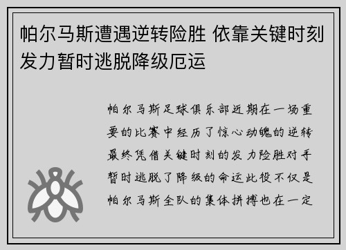 帕尔马斯遭遇逆转险胜 依靠关键时刻发力暂时逃脱降级厄运