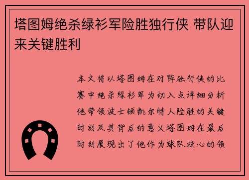 塔图姆绝杀绿衫军险胜独行侠 带队迎来关键胜利
