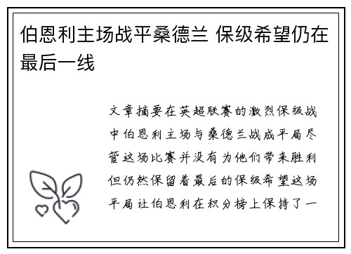 伯恩利主场战平桑德兰 保级希望仍在最后一线