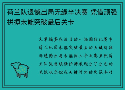 荷兰队遗憾出局无缘半决赛 凭借顽强拼搏未能突破最后关卡