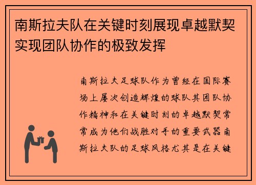 南斯拉夫队在关键时刻展现卓越默契实现团队协作的极致发挥