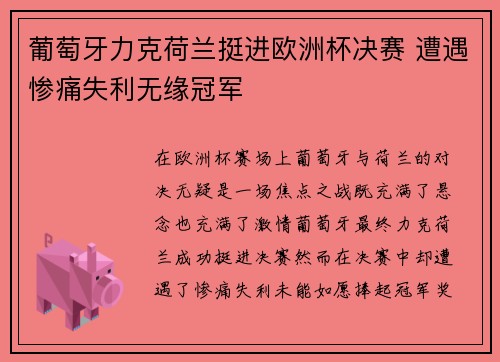 葡萄牙力克荷兰挺进欧洲杯决赛 遭遇惨痛失利无缘冠军