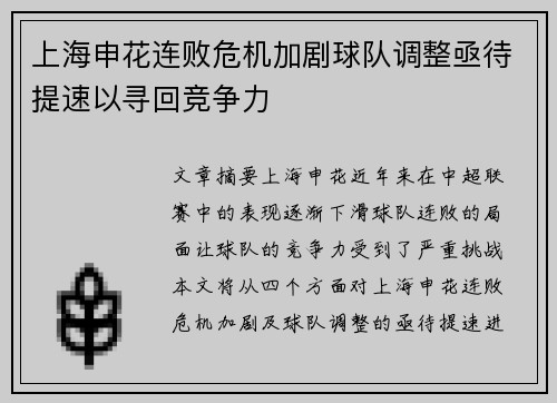 上海申花连败危机加剧球队调整亟待提速以寻回竞争力