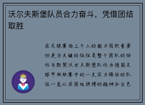 沃尔夫斯堡队员合力奋斗，凭借团结取胜
