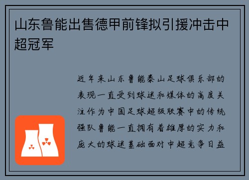 山东鲁能出售德甲前锋拟引援冲击中超冠军