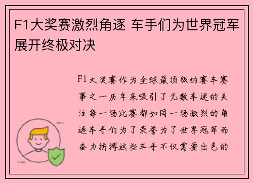 F1大奖赛激烈角逐 车手们为世界冠军展开终极对决