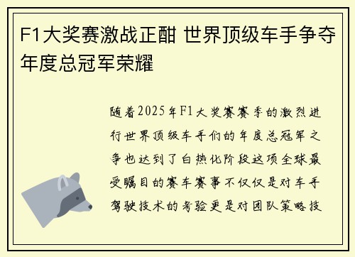 F1大奖赛激战正酣 世界顶级车手争夺年度总冠军荣耀