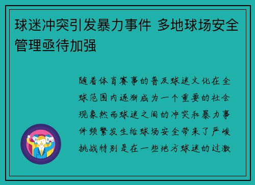 球迷冲突引发暴力事件 多地球场安全管理亟待加强